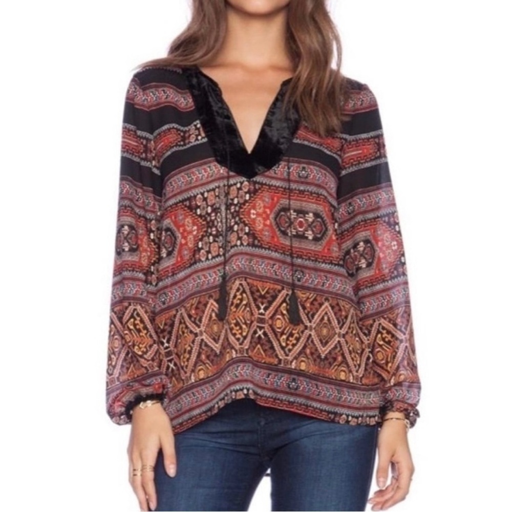 Anthropologie Sanctuary Boho Velvet Trim V-neck Multi Print Top​​​​​​​​​​​​